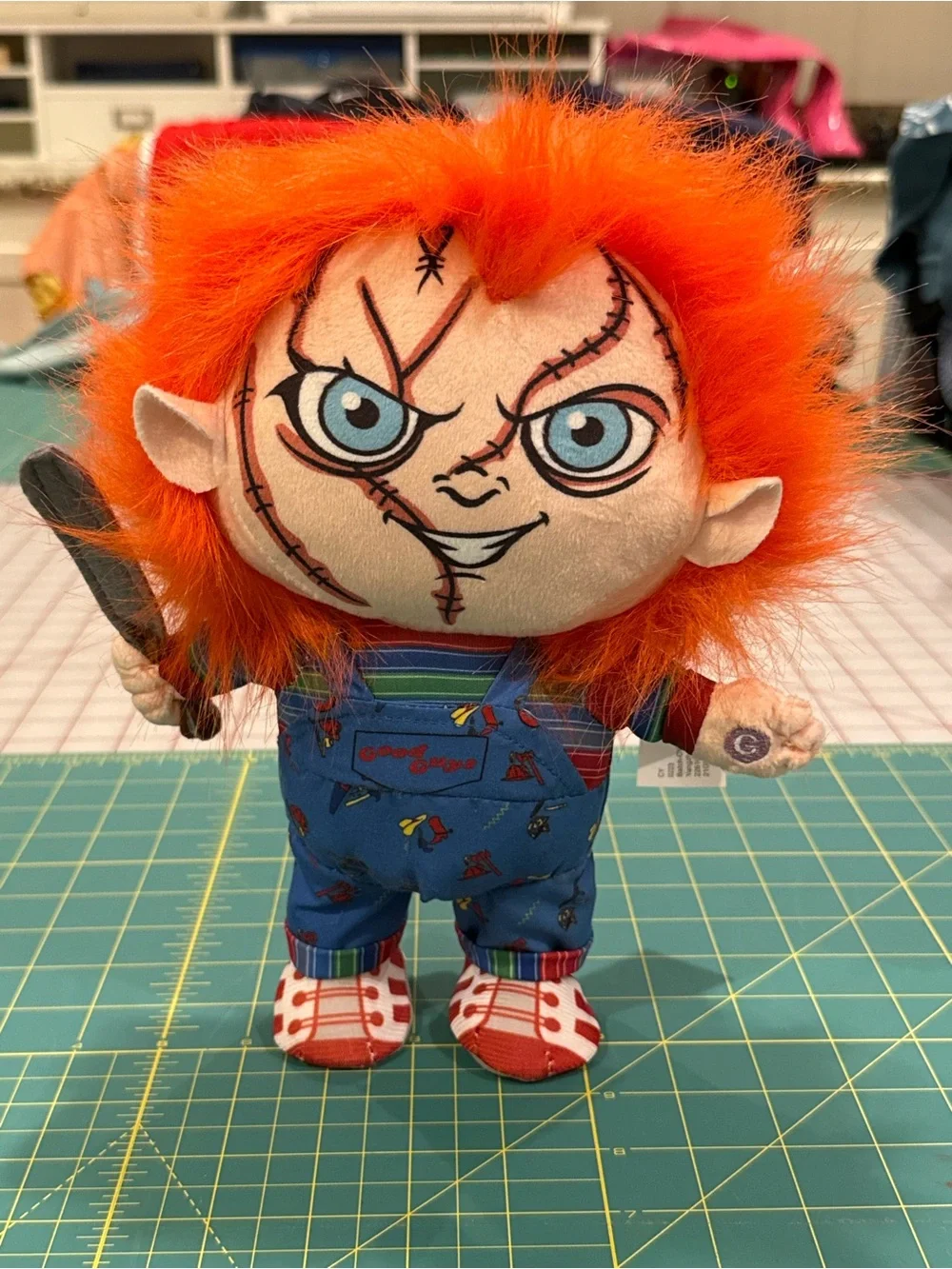 Orange-Haired Plush Doll with Blue Overalls - Chucky Style